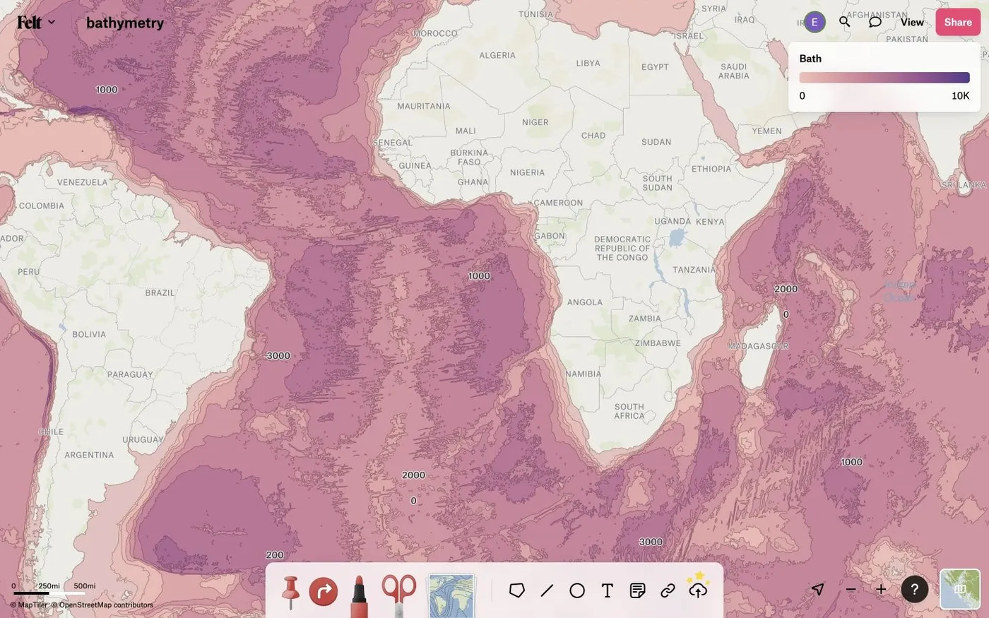 A Felt bathymetry map of the South Atlantic with repeated depth labels such as 1000, 2000 and 3000