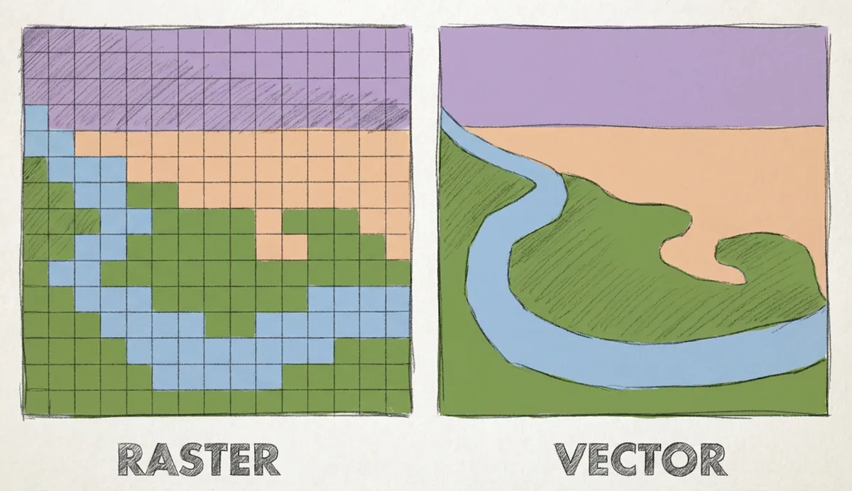 A comparison image showing the difference between raster and vector formats.