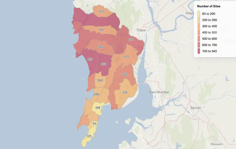 A Felt map of Mumbai wards shaded yellow to purple by number of construction sites