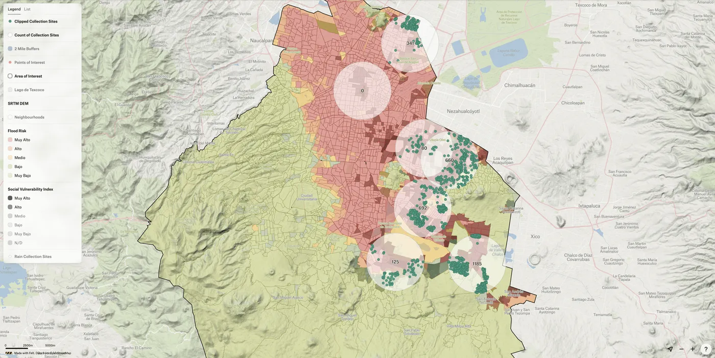 A Felt map of Mexico City where each 2-mile buffer is labeled with its count of rain collection sites, from 0 to 1185