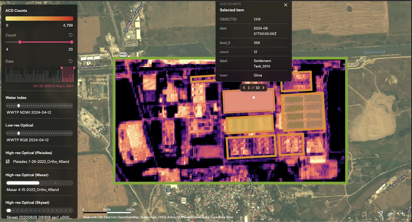 A SeerAI dashboard in Felt: a heat-colored change detection layer over a treatment plant, with date and count filters and layer controls for satellite imagery
