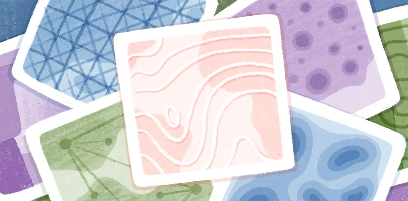 An illustration of overlapping pastel map tiles showing contour lines, a grid, scattered dots and a node network