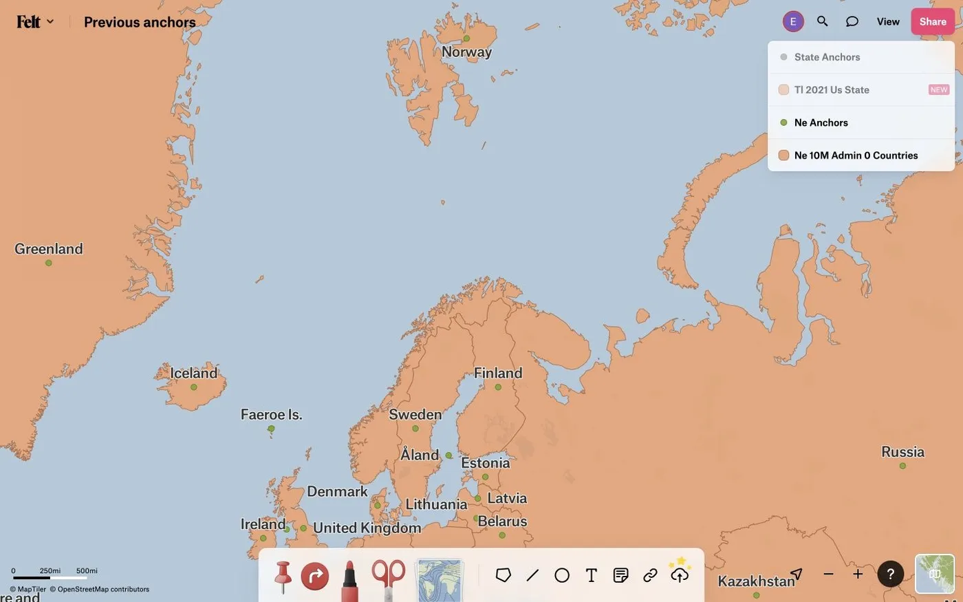A Felt map of northern Europe where the label anchor for Norway falls on Svalbard rather than the mainland