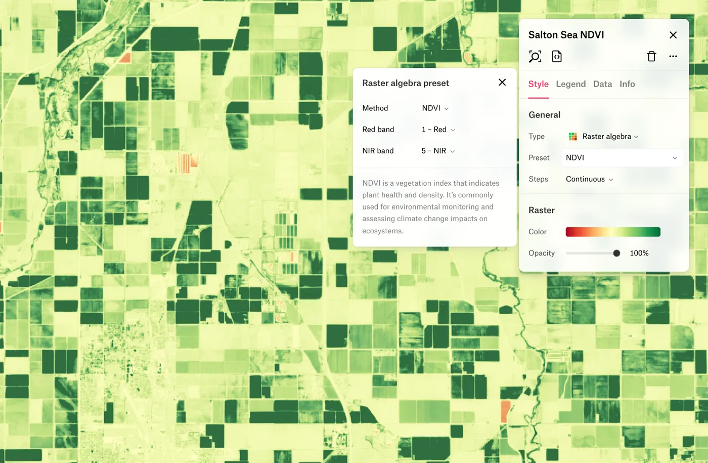 A Felt map of Salton Sea farm fields shaded by NDVI, with the raster algebra preset panel open