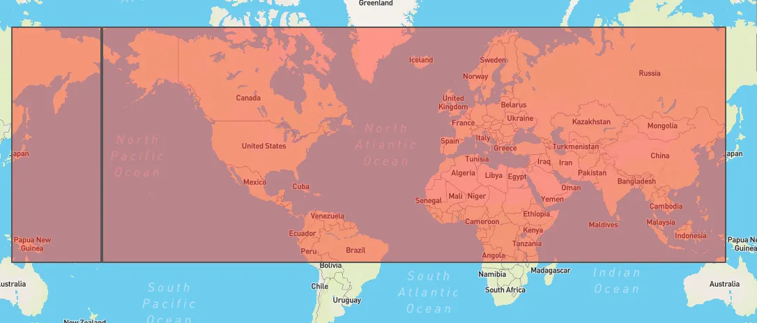 A world map where the bounding box for US Census block groups stretches across several continents