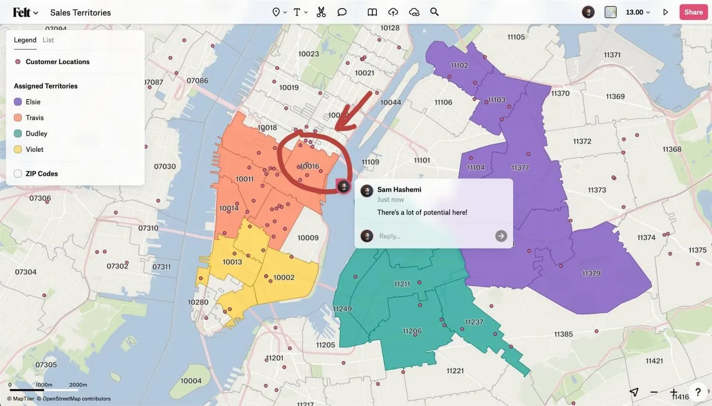 A Felt map of New York sales territories by ZIP code, with a hand-drawn circle and a comment on one area