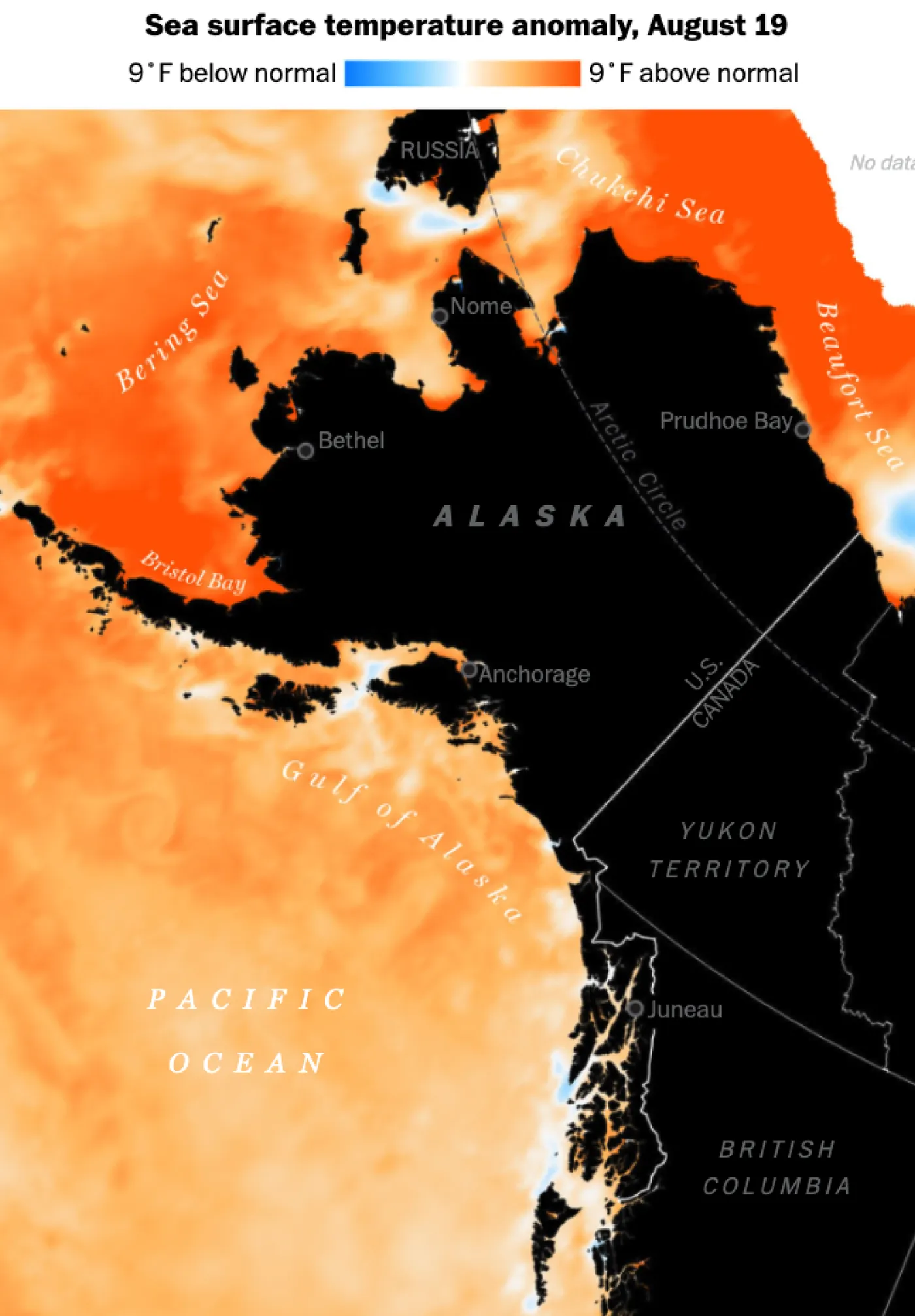 A Washington Post map of sea surface temperature anomalies around Alaska on August 19, with the Bering and Chukchi seas far above normal
