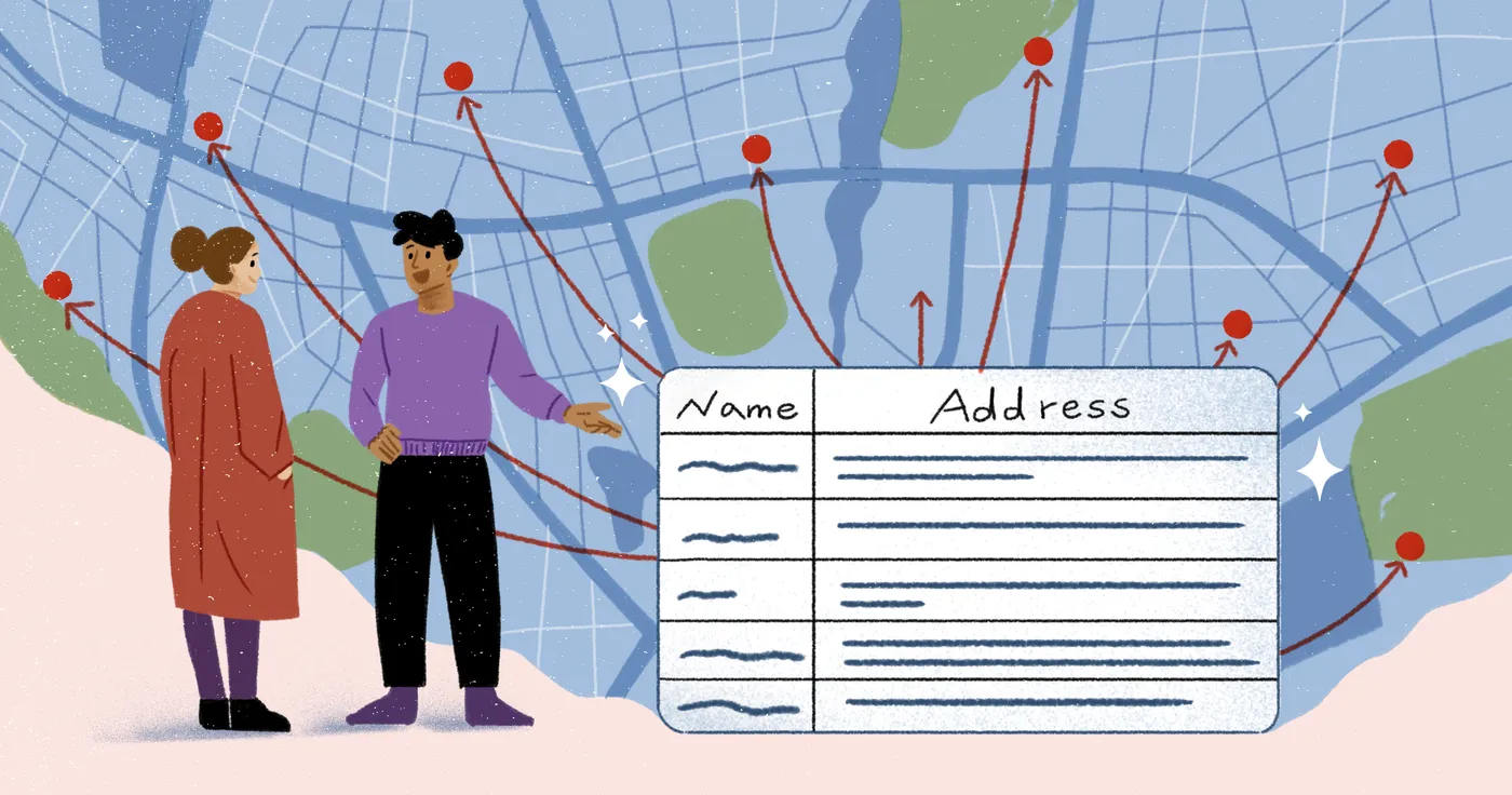 An illustration of two people beside a table of names and addresses, with arrows linking each row to a pin on a city map