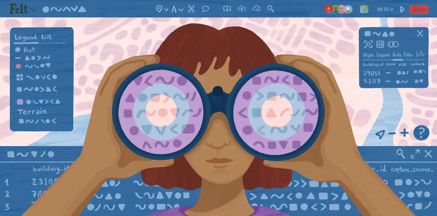 An illustration of a person looking through binoculars in front of the Felt map interface, legend and data table