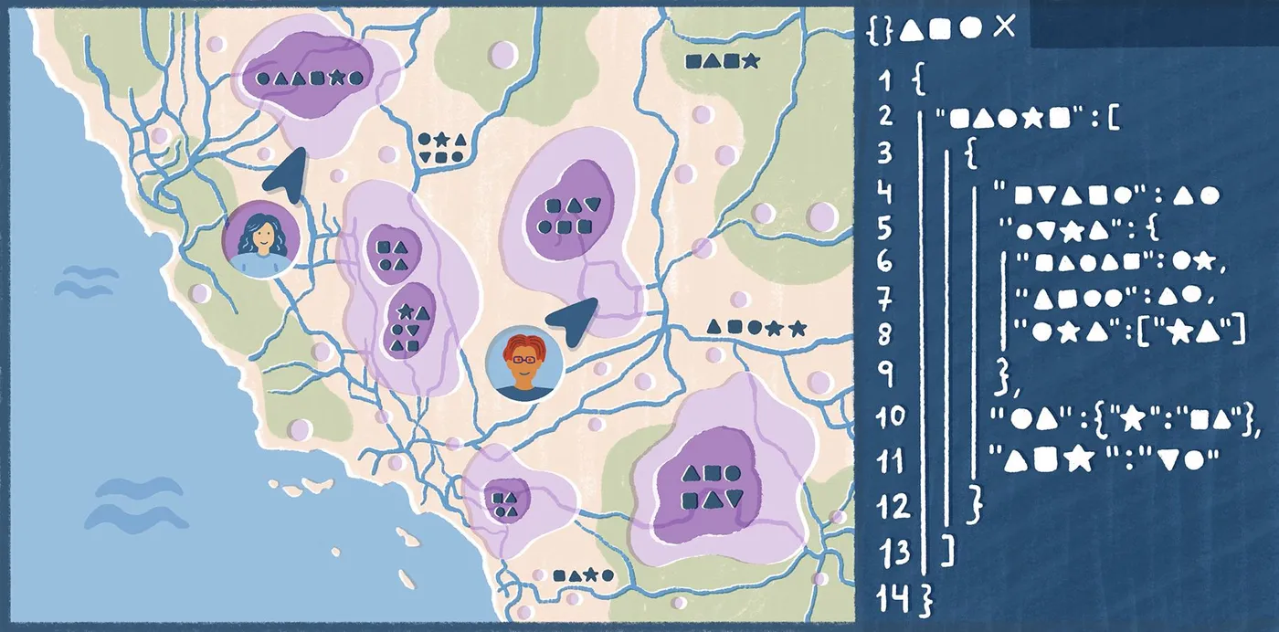 An illustration of a map of the California coast with collaborators' cursors and shaded zones beside a JSON code panel
