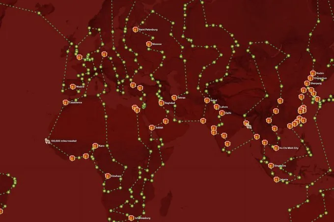 A Felt map on a dark red basemap tracing a dotted route between gift markers in cities across Europe, Africa and Asia