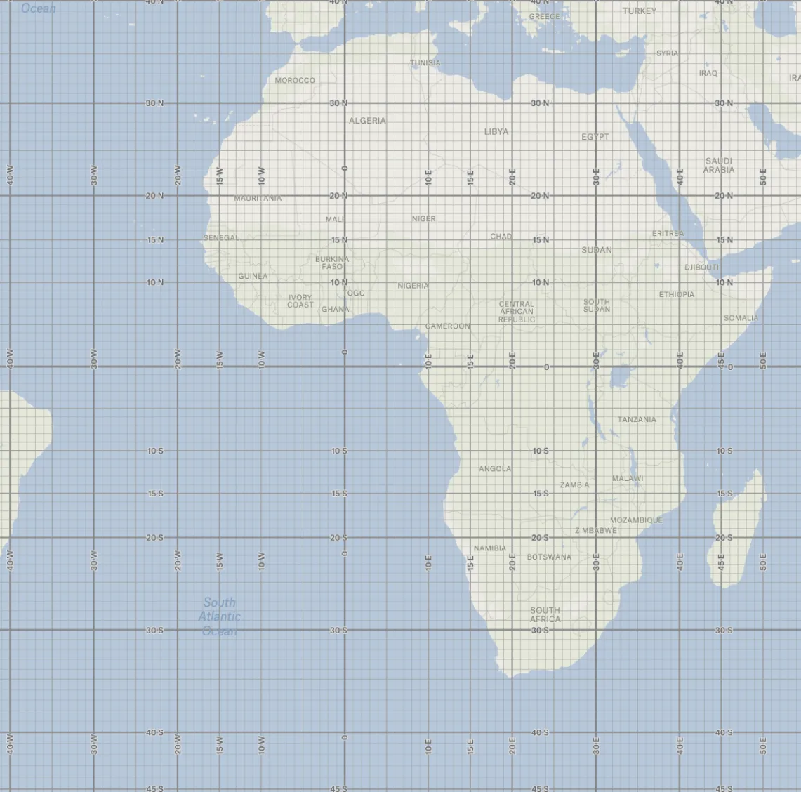 A Felt map of Africa and the Atlantic overlaid with a latitude and longitude graticule grid