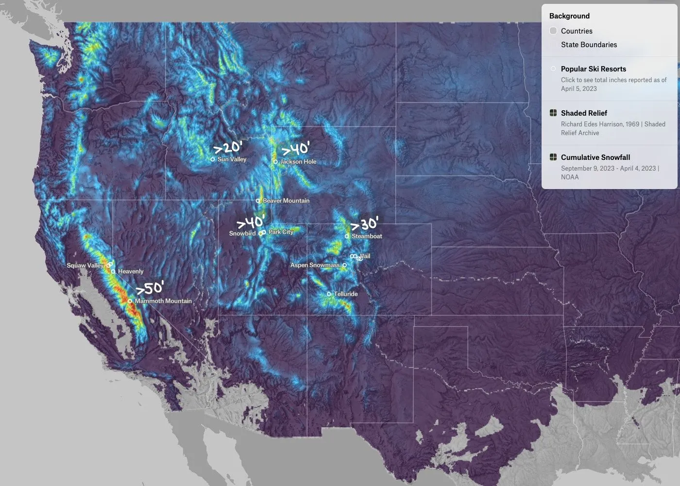 A Felt map of the western United States showing cumulative snowfall over shaded relief, with ski resorts labeled