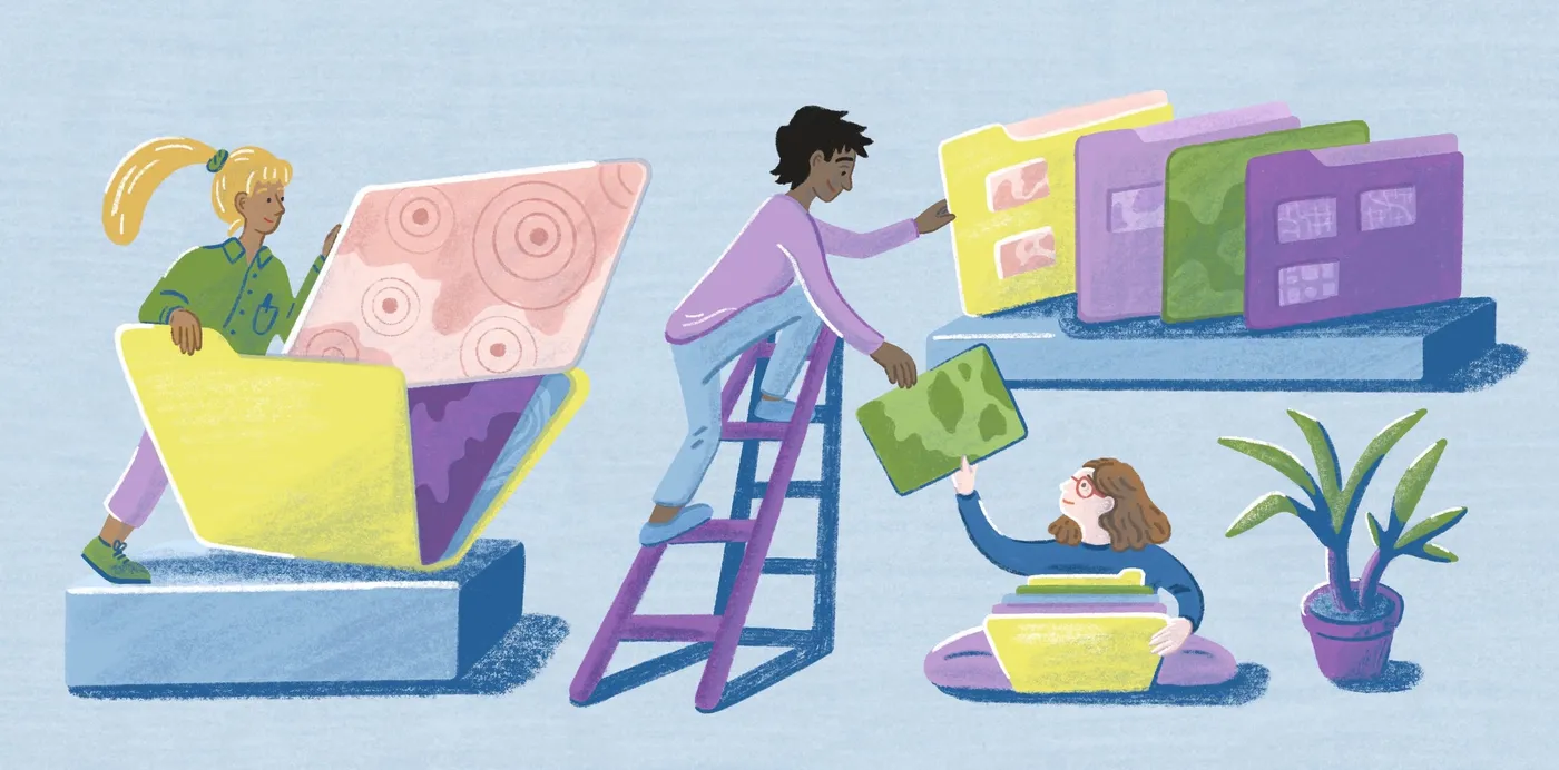 An illustration of three people sorting oversized folders filled with maps, one on a ladder by a shelf
