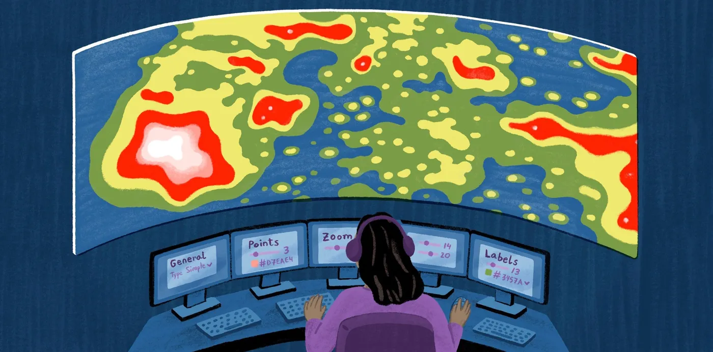 An illustration of an analyst at a bank of monitors with style settings, facing a large wall-sized heat map