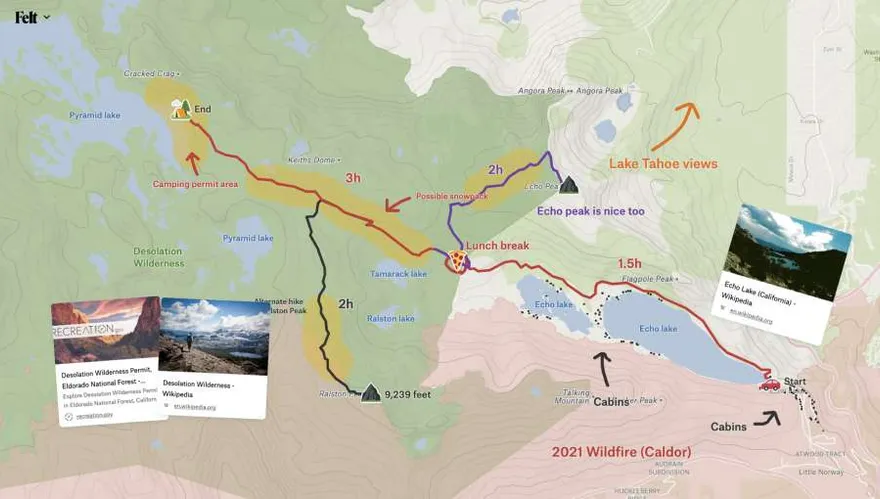 The same Desolation Wilderness hiking map crowded with extra routes, emoji, link cards and colorful labels