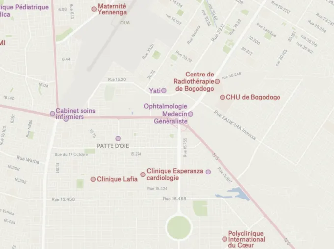 A Felt map of a neighborhood in Ouagadougou with hospitals and clinics from OpenStreetMap labeled