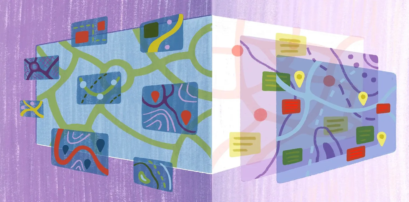 An illustration contrasting a map built from many separate tiles with one drawn as stacked transparent layers