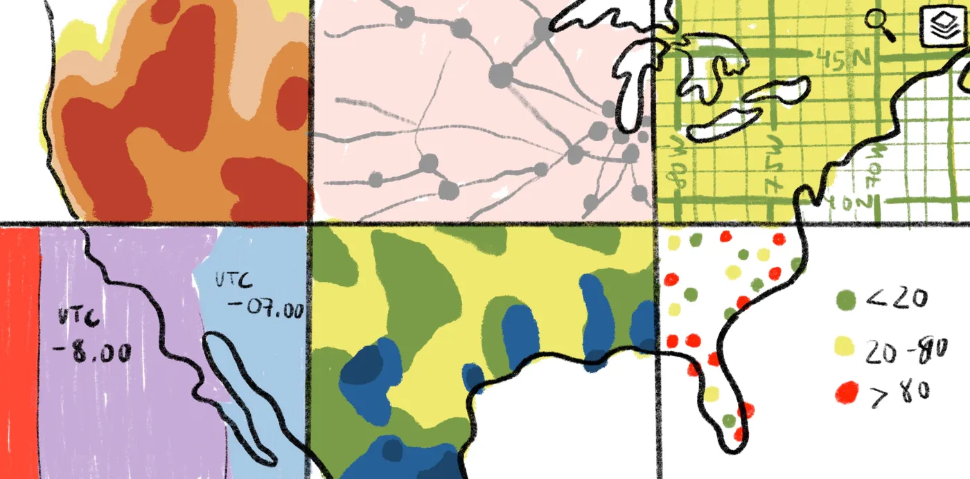 An illustration of six hand-drawn map styles of North America, from heat zones and time zones to graduated points