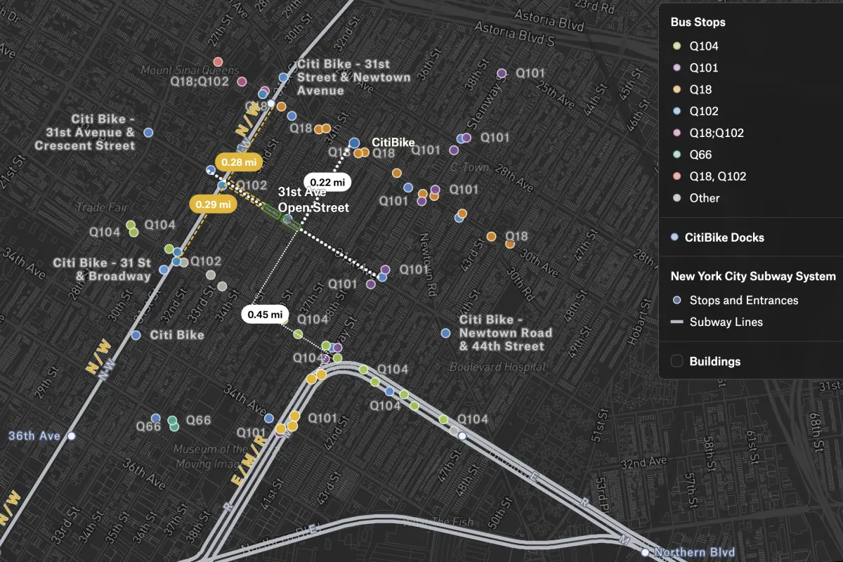 A Felt map of 31st Ave Open Street in Astoria, Queens, with nearby Citi Bike docks, bus stops and subway lines