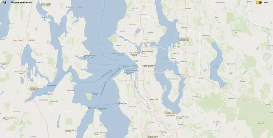 A Felt map of the Seattle area with low-contrast airport and ferry route layers blending into the basemap