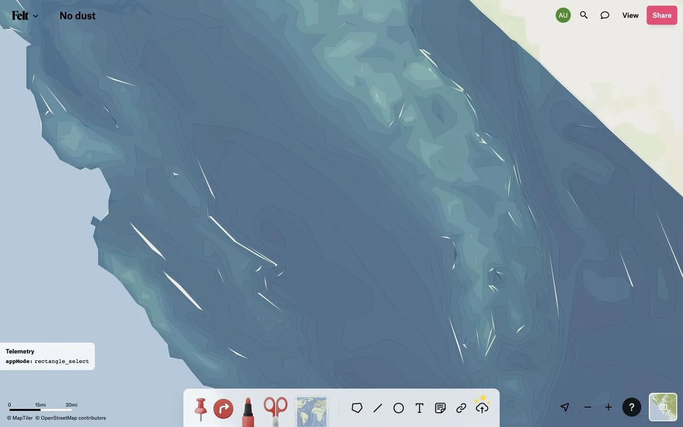 A Felt map of precipitation contour polygons with thin white shard gaps between neighboring contours
