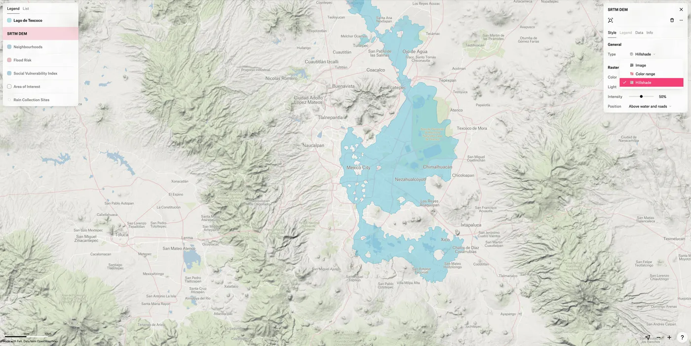 A Felt map of Mexico City with the SRTM layer styled as a hillshade, showing the lake bed in a valley
