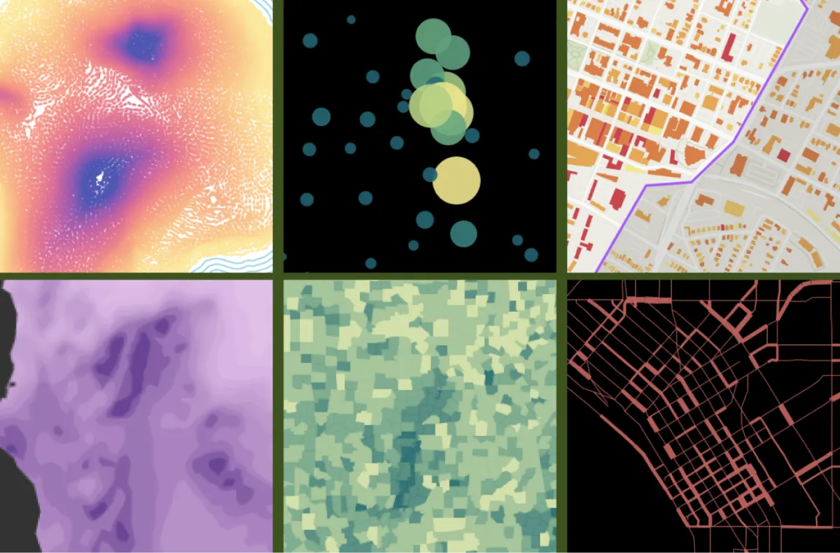 A grid of six data map styles, including contours, graduated circles, building footprints and colored street lines