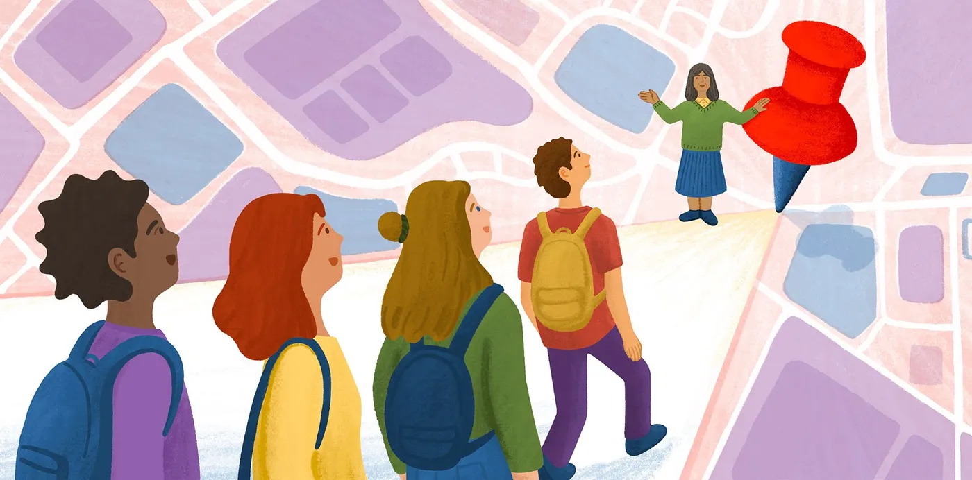 An illustration of students with backpacks walking across a giant map toward a teacher beside a red pushpin