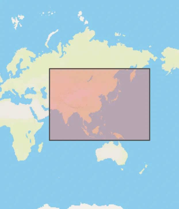 A world map with a tight bounding box around East and Southeast Asia for the same river data