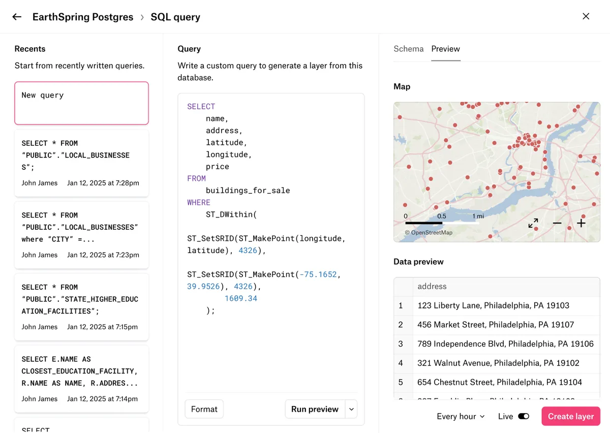 Felt's SQL query editor on a Postgres source, selecting buildings for sale within a mile of a point in Philadelphia, with a map and data preview