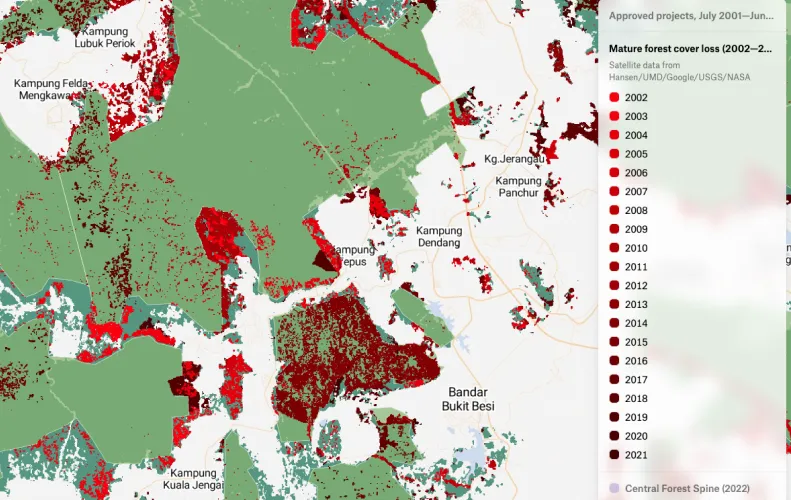 A Felt map of Peninsular Malaysia near Bandar Bukit Besi showing forest areas and yearly forest cover loss in red