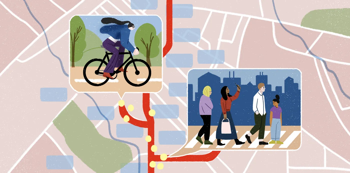 An illustration of a street map with a transit line, a cyclist on a path and pedestrians at a crosswalk
