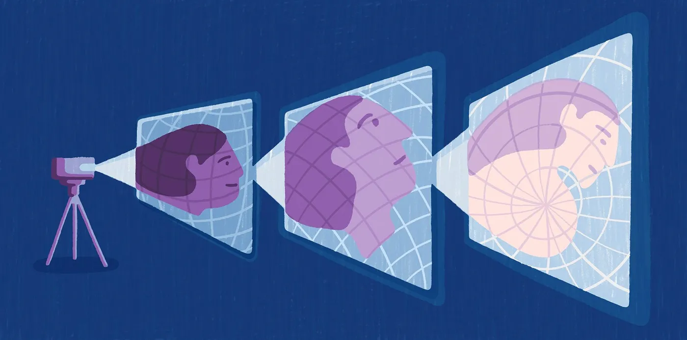 An illustration of a projector casting a face onto three screens, each warped by a different map projection grid