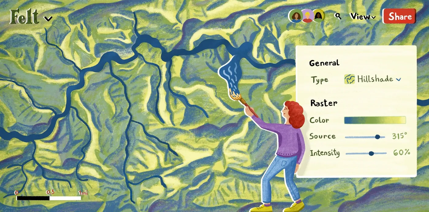 An illustration of a person painting rivers onto a hillshade map in Felt, beside the raster styling panel
