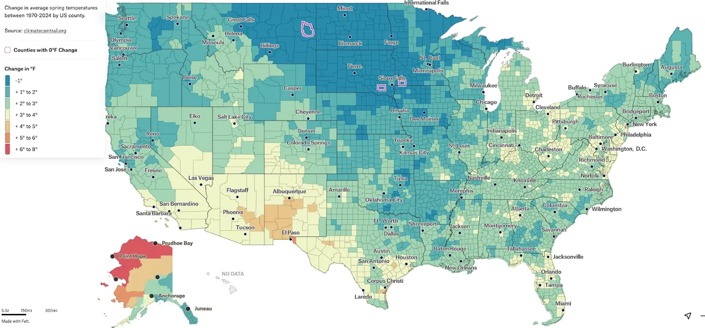 A choropleth map with a diverging color scale, showing the change in temperature across the U.S. from 1970 to 2024.