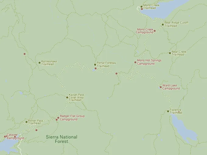 A Felt map of Sierra National Forest showing hiking trails as dashed lines with trailheads and campgrounds
