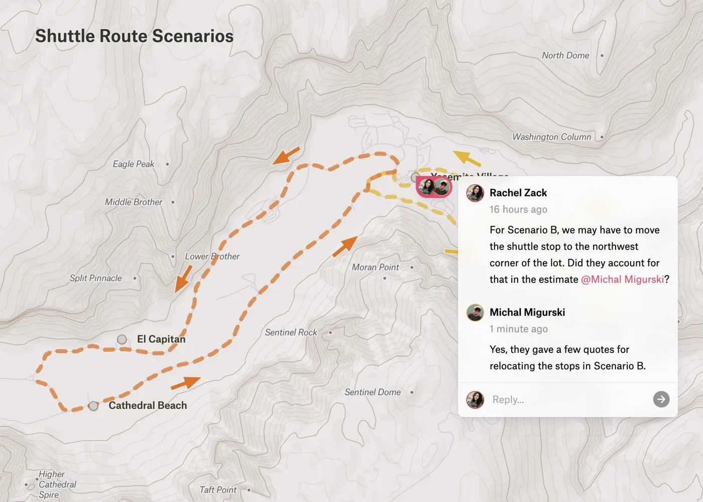 A Felt map of shuttle route scenarios in Yosemite Valley with a comment thread between two collaborators