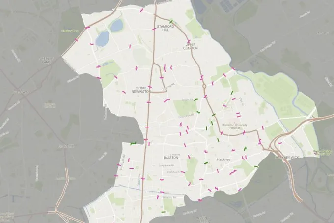 A Felt map of Hackney, London, with short pink and green marks along streets showing surveyed cycling gateways