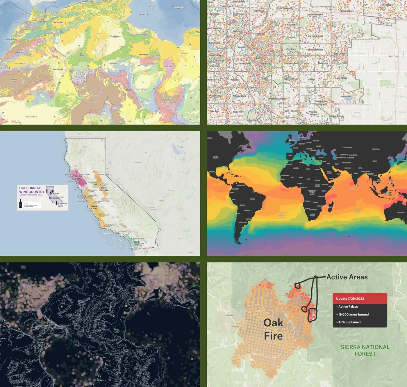 Six Felt maps by early customers, including African geology, Denver points, California wine country, ocean temperatures and the Oak Fire