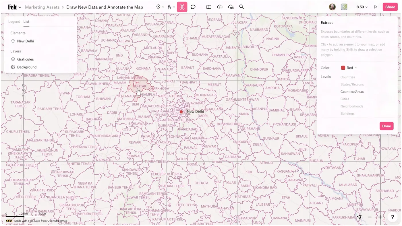 Screenshot from Felt’s Youtube video, “Getting Started with Felt 2/6 - Draw Data and Annotate the Map,” showing the Extract Tool’s scissor icon.