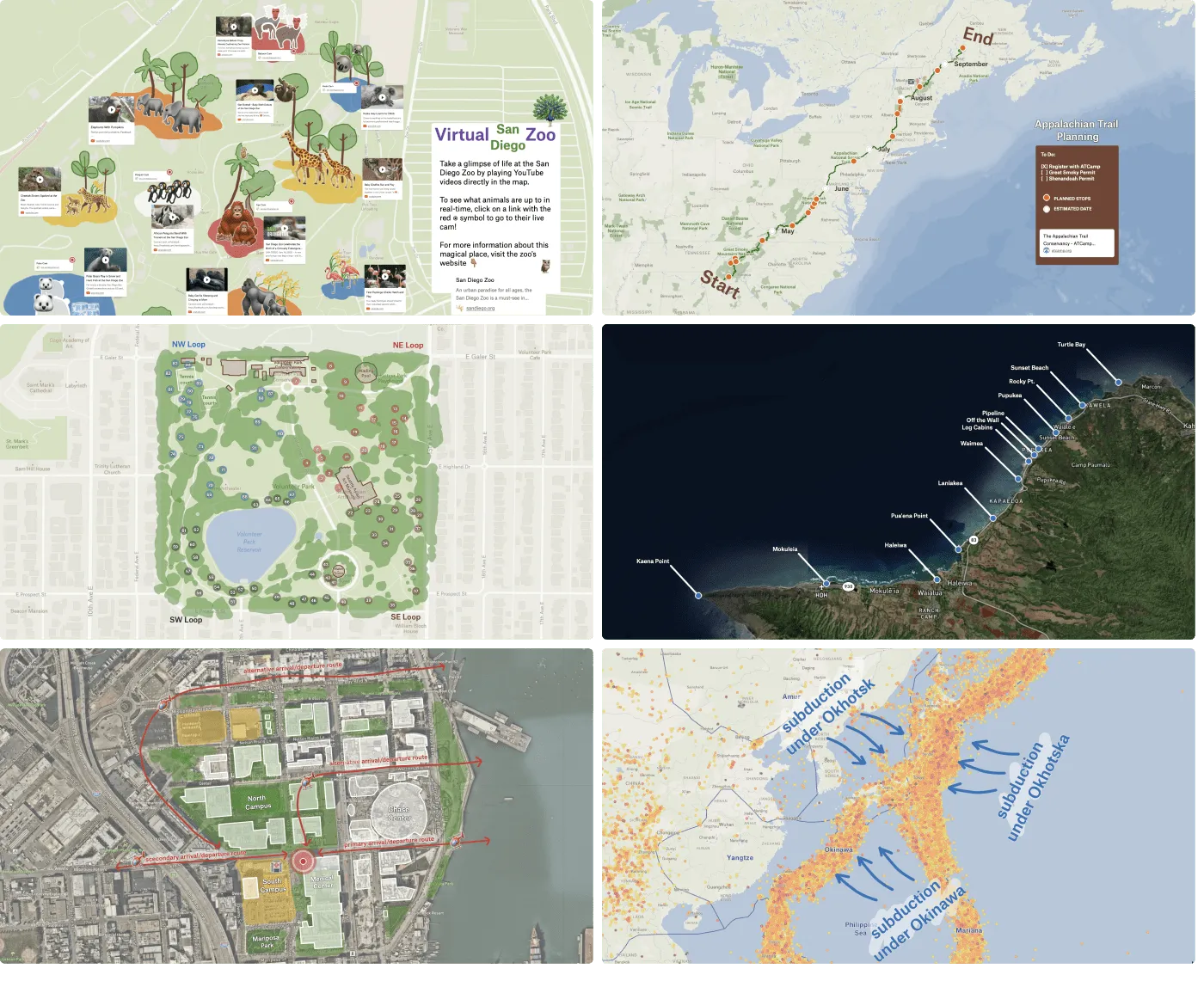 A grid of six Felt maps, including a virtual San Diego Zoo, a long trail route, a park and subduction zones