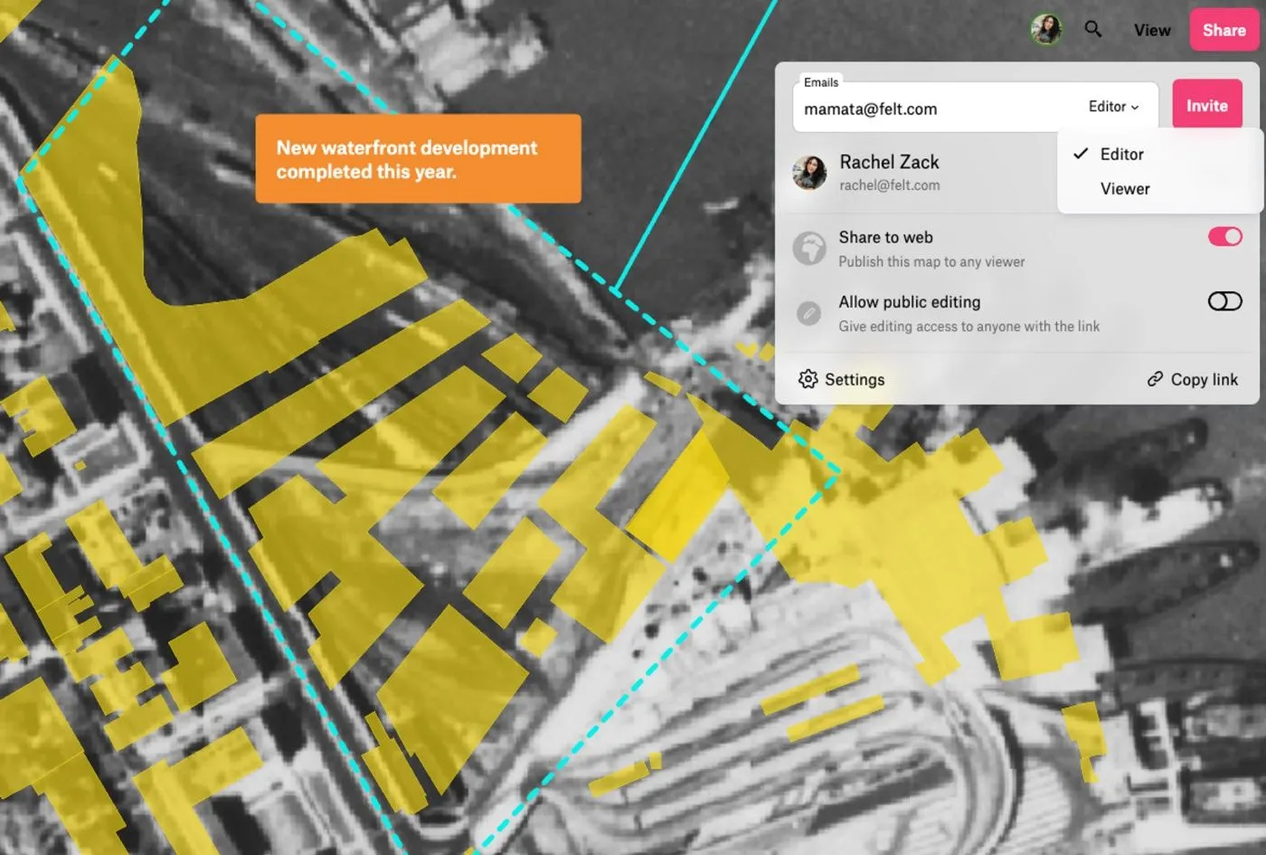 A Felt map of a waterfront with yellow building footprints and the Share menu open to invite an editor by email