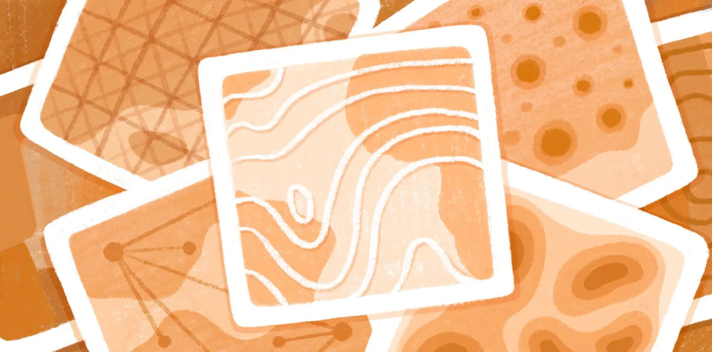 An illustration of overlapping orange map cards showing contour lines, a grid, dots and connected points