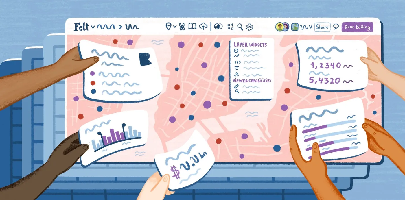 An illustration of hands holding charts and stat cards up to a Felt map with a layer widgets panel