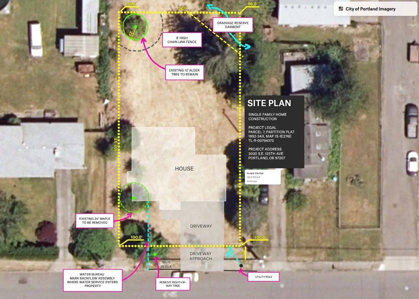A Felt map of a residential lot over aerial imagery, annotated as a site plan with property lines, trees and a driveway