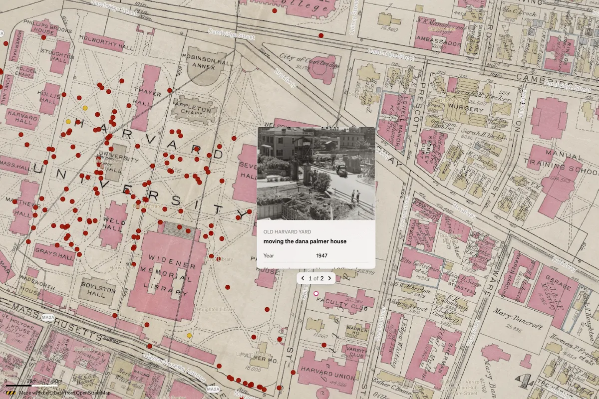 An interactive map of Harvard University featuring historical data points and a 1947 archival photo of the Dana Palmer House move, used as an educational tool to visualize urban history.