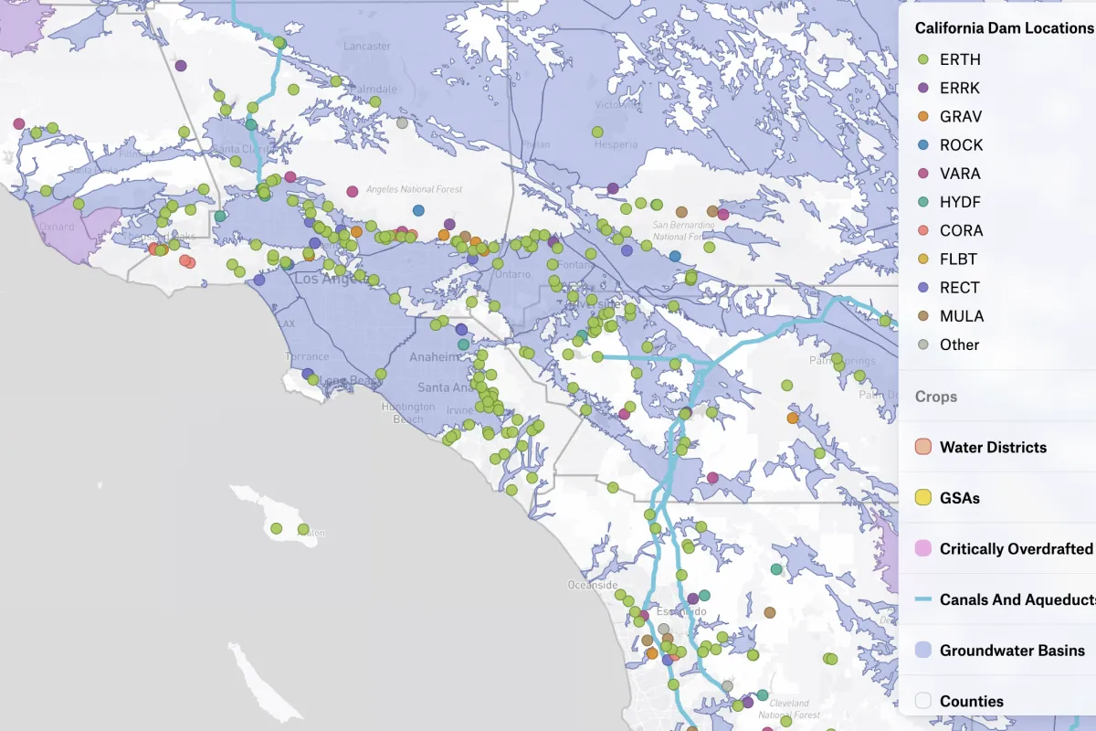A Felt map of Southern California dams colored by type over groundwater basins, canals and aqueducts