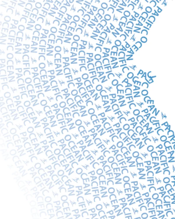 A detail of a typographic map where repeated Pacific Ocean labels fill the sea, with tiny surfer symbols among them