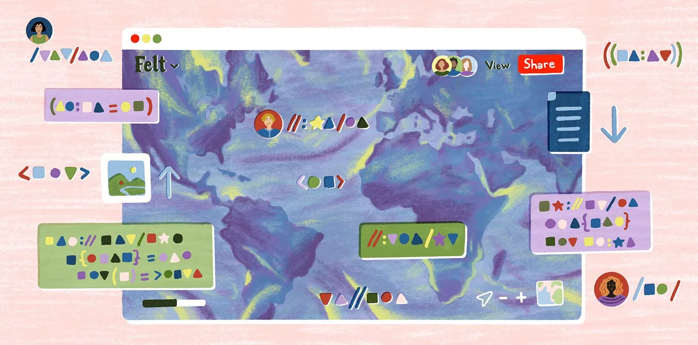 An illustration of a Felt world map in a browser window surrounded by code snippets and collaborator avatars